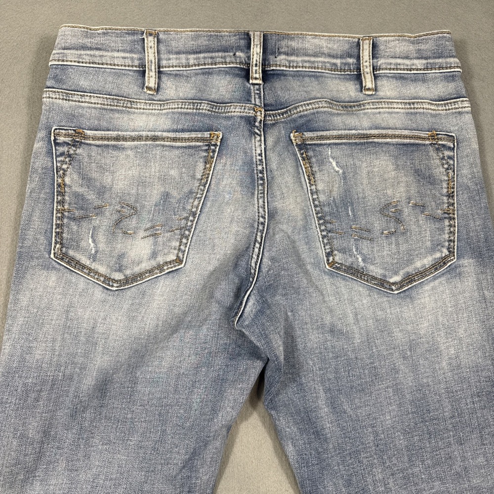 Silver Jeans Konrad Jeans Mens 32x32 Blue Straight Stretch DISTRESSED WHISKERS